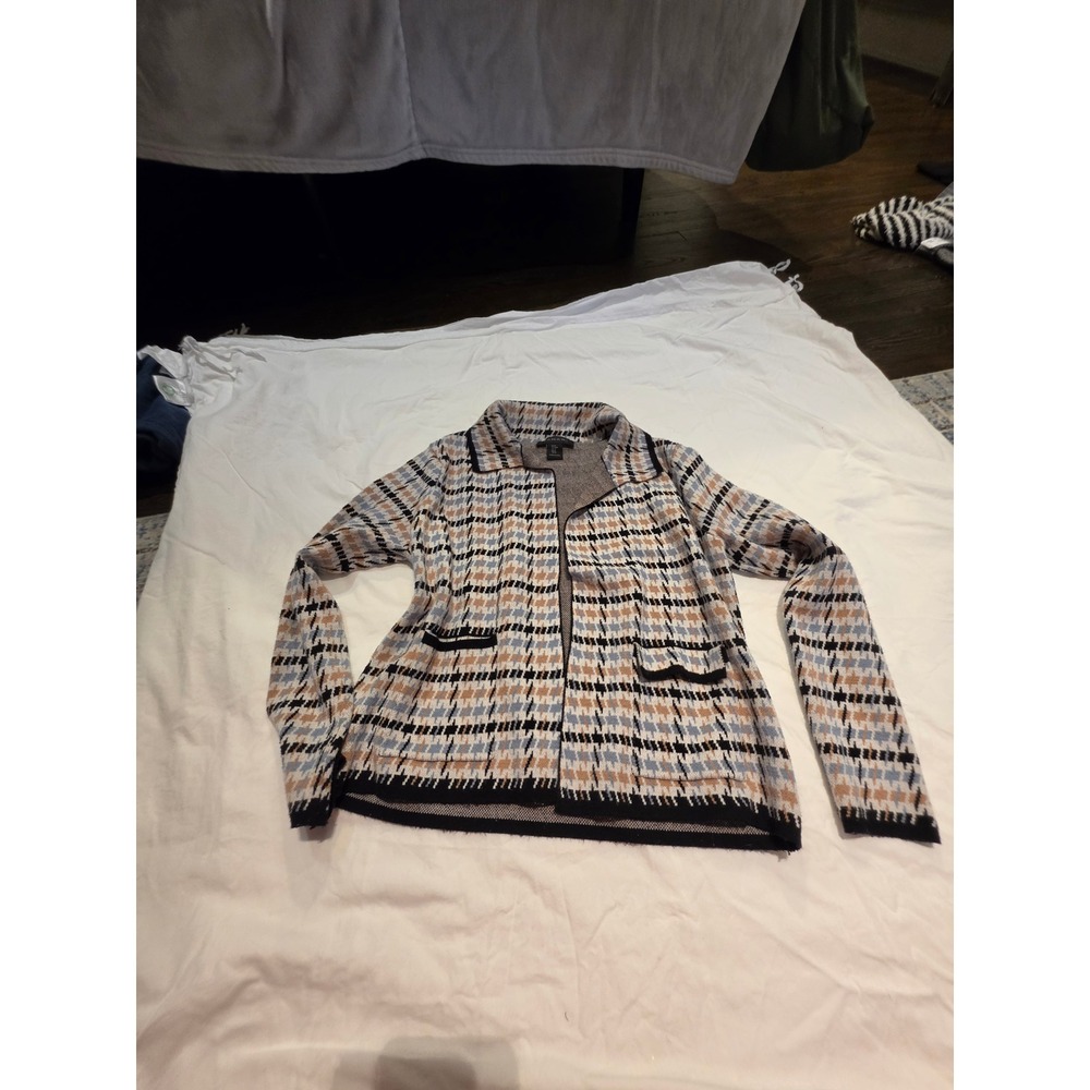 Tahari Womens Houndstooth Knit Cardigan Blue Tan Black Open Front Sweater M